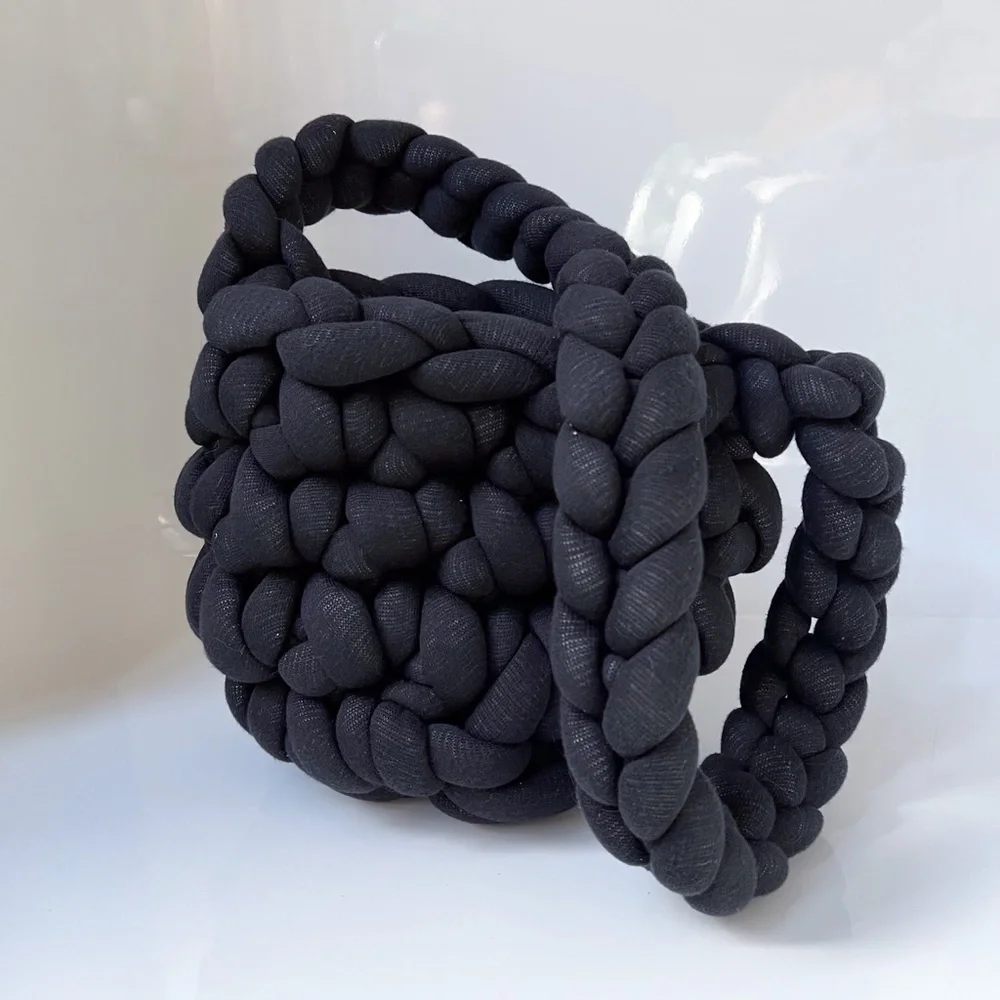 NEW Black Chunky Marshmallow Knit Soft Boho Shoulder Bag Tote Handmade
